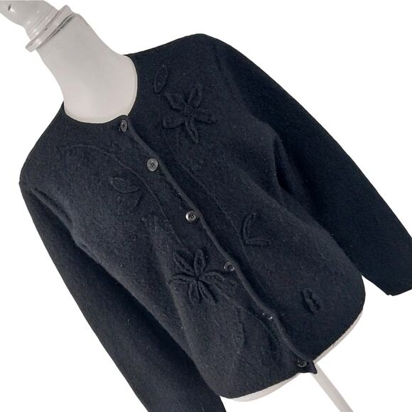KAREN SCOTT! ULTRA CHIC 100% BOILED BLACK WOOL KNIT SWEATER, JACKET! SZ XL - Picture 1 of 11